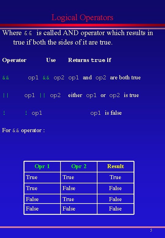 Logical Operators Where && is called AND operator which results in true if both