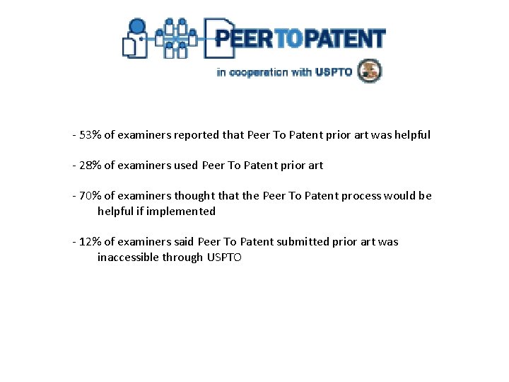 - 53% of examiners reported that Peer To Patent prior art was helpful -