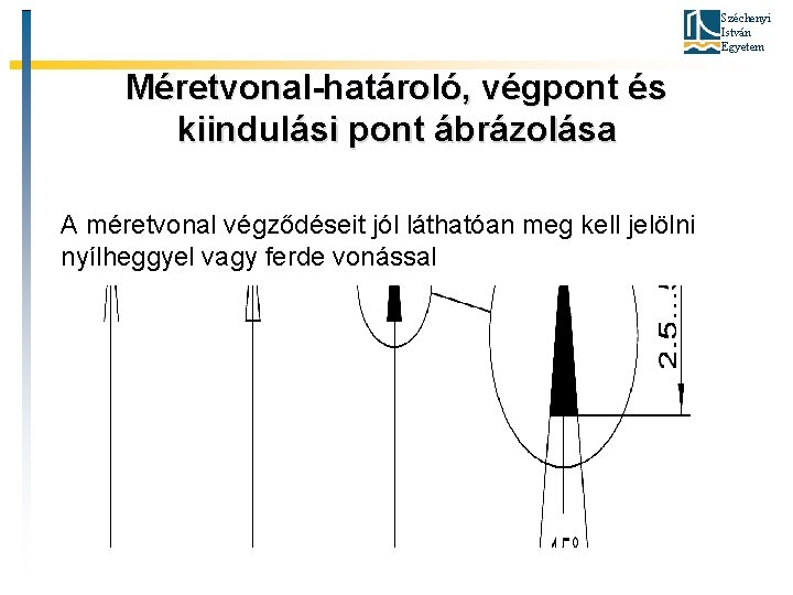 Széchenyi István Egyetem Méretvonal-határoló, végpont és kiindulási pont ábrázolása A méretvonal végződéseit jól láthatóan