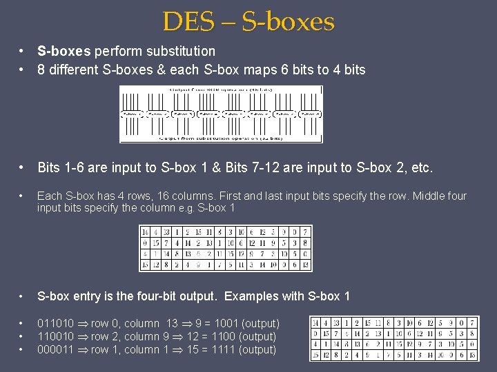 DES – S-boxes • S-boxes perform substitution • 8 different S-boxes & each S-box