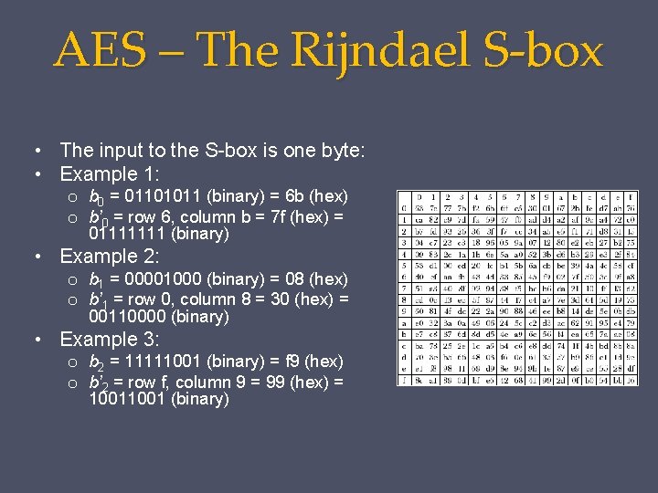 AES – The Rijndael S-box • The input to the S-box is one byte: