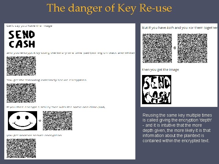 The danger of Key Re-use Reusing the same key multiple times is called giving