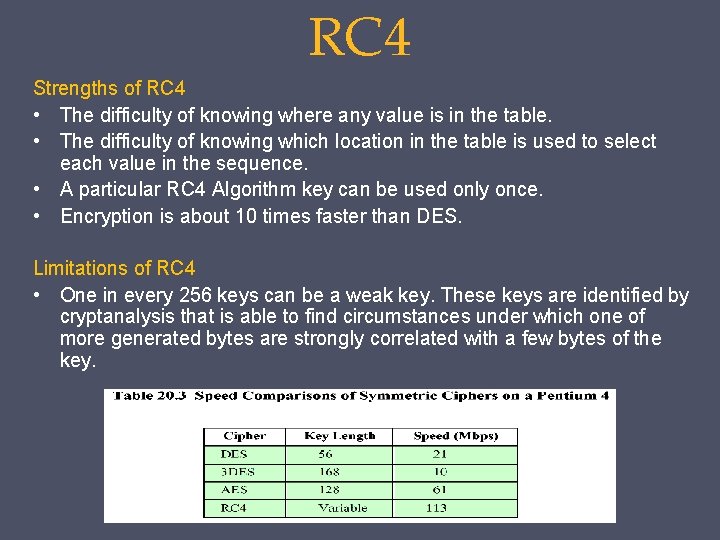 RC 4 Strengths of RC 4 • The difficulty of knowing where any value