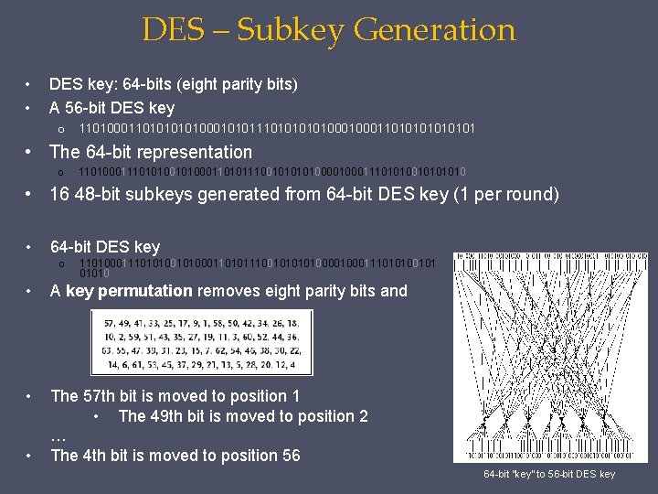 DES – Subkey Generation • • DES key: 64 -bits (eight parity bits) A