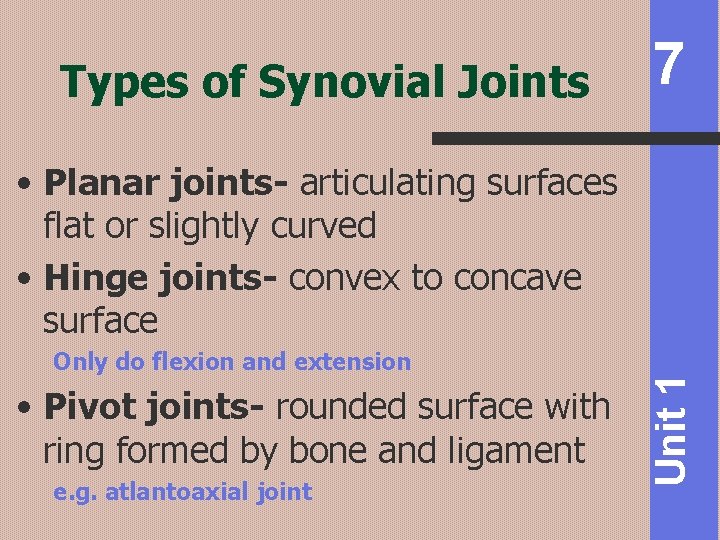 Types of Synovial Joints 7 Only do flexion and extension • Pivot joints- rounded
