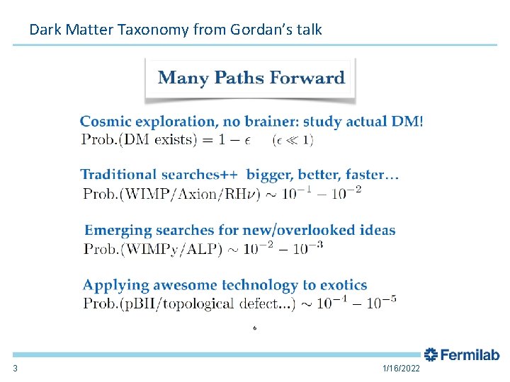 Dark Matter Taxonomy from Gordan’s talk 3 1/16/2022 