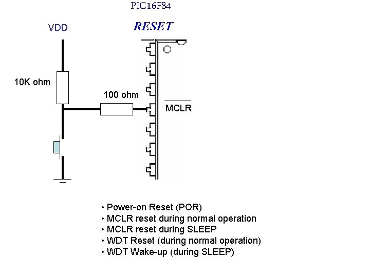 PIC 16 F 84 VDD RESET 10 K ohm 100 ohm MCLR • Power-on