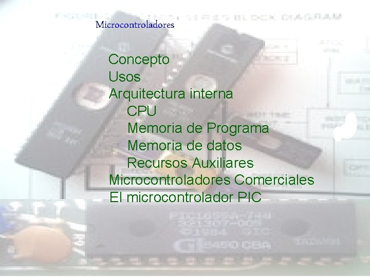 Microcontroladores Concepto Usos Arquitectura interna CPU Memoria de Programa Memoria de datos Recursos Auxiliares