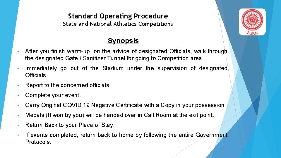 Standard Operating Procedure State and National Athletics Competitions Synopsis • After you finish warm-up,
