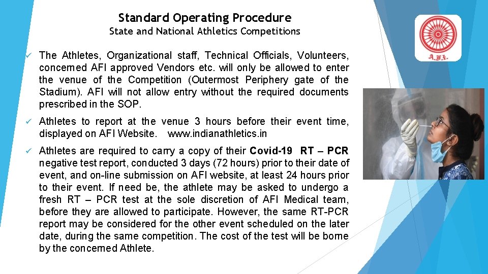 Standard Operating Procedure State and National Athletics Competitions The Athletes, Organizational staff, Technical Officials,