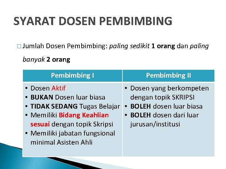 SYARAT DOSEN PEMBIMBING � Jumlah Dosen Pembimbing: paling sedikit 1 orang dan paling banyak SYARAT DOSEN PEMBIMBING � Jumlah Dosen Pembimbing: paling sedikit 1 orang dan paling banyak