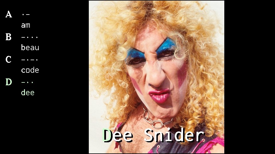 A ·am B -··· beau C -·-· code D -·· dee E · e
