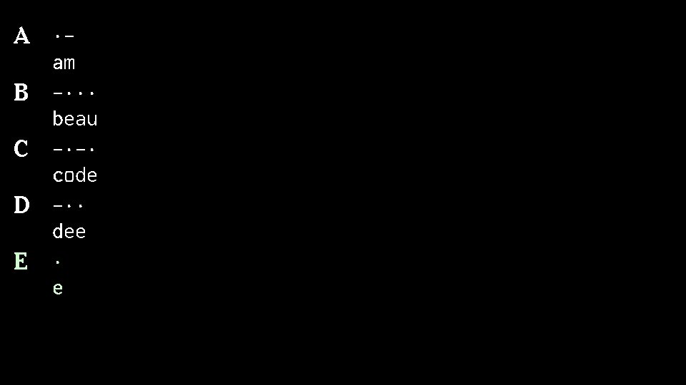 A ·am B -··· beau C -·-· code D -·· dee E · e