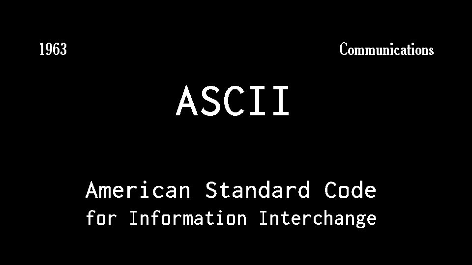 Communications 1963 ASCII American Standard Code for Information Interchange 