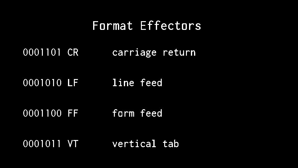 Format Effectors 0001101 CR carriage return 0001010 LF line feed 0001100 FF form feed