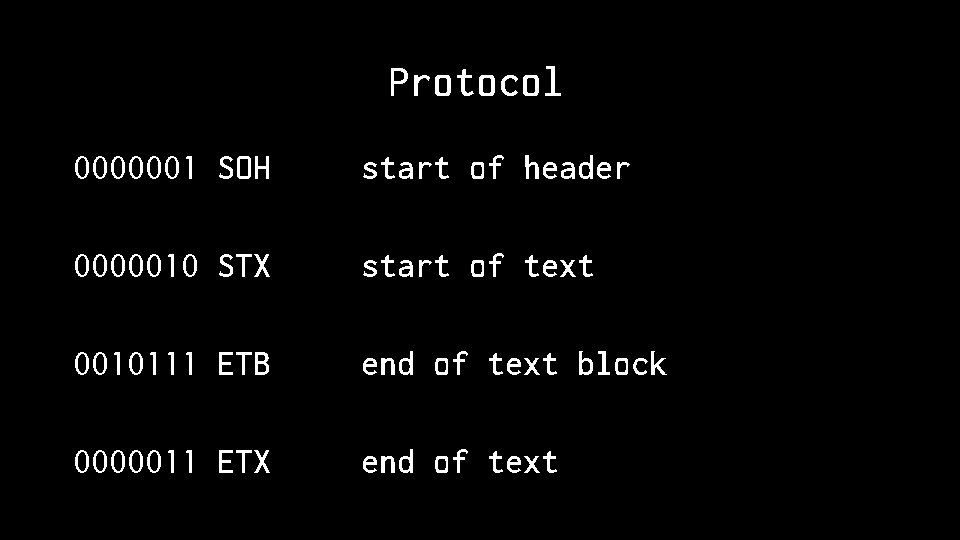 Protocol 0000001 SOH start of header 0000010 STX start of text 0010111 ETB end