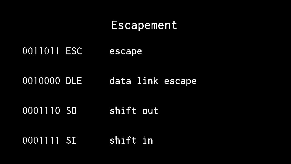 Escapement 0011011 ESC escape 0010000 DLE data link escape 0001110 SO shift out 0001111