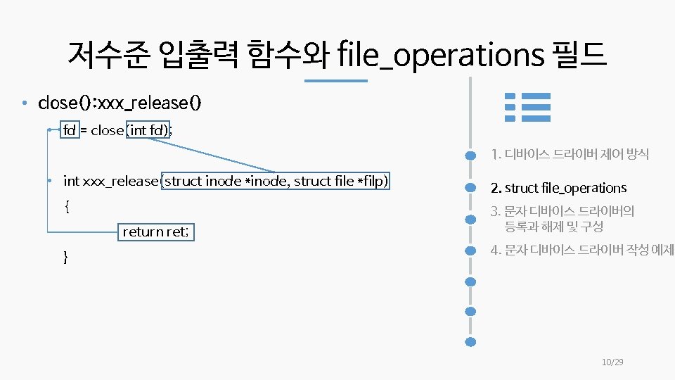 저수준 입출력 함수와 file_operations 필드 • close(): xxx_release() • fd = close(int fd); 1.