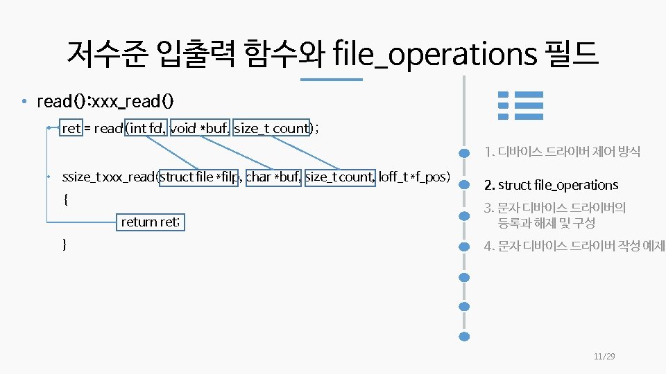 저수준 입출력 함수와 file_operations 필드 • read(): xxx_read() • ret = read(int fd, void