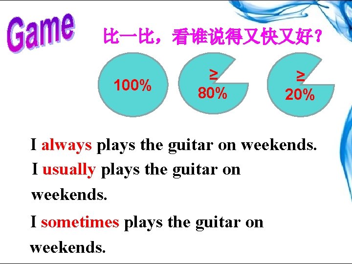 比一比，看谁说得又快又好？ 100% ≥ 80% ≥ 20% I always plays the guitar on weekends. I