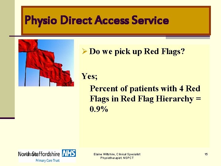 Physio Direct Access Service Ø Do we pick up Red Flags? Yes; Percent of