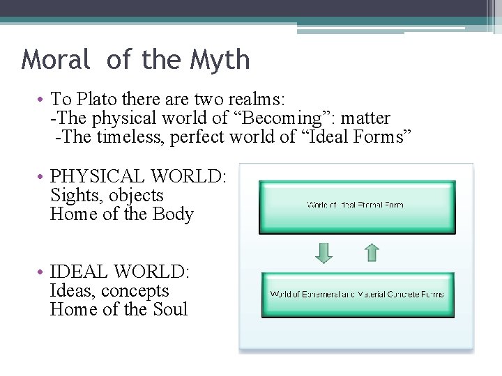 Moral of the Myth • To Plato there are two realms: -The physical world