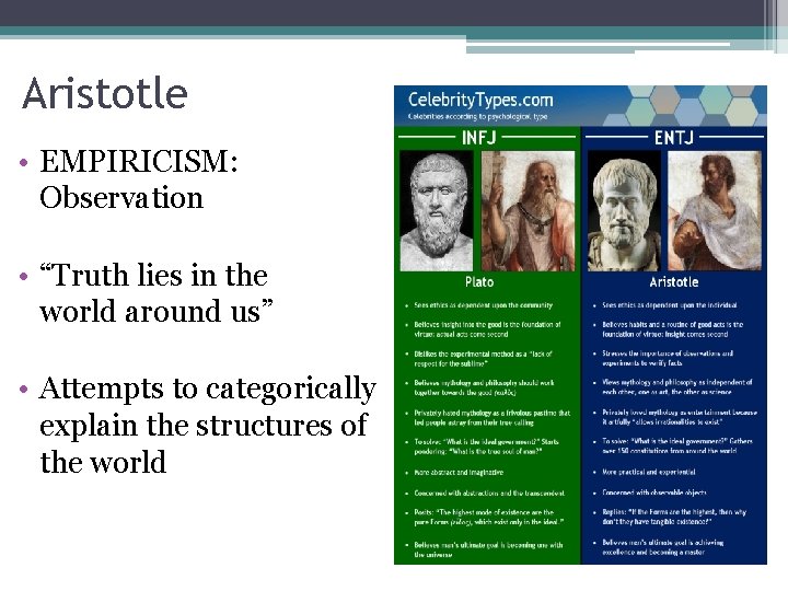 Aristotle • EMPIRICISM: Observation • “Truth lies in the world around us” • Attempts