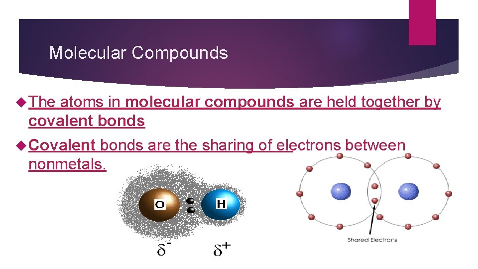 Molecular Compounds The atoms in molecular compounds are held together by covalent bonds Covalent Molecular Compounds The atoms in molecular compounds are held together by covalent bonds Covalent