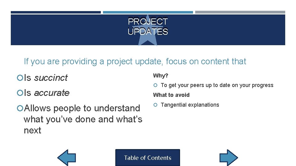 PROJECT UPDATES If you are providing a project update, focus on content that Is PROJECT UPDATES If you are providing a project update, focus on content that Is