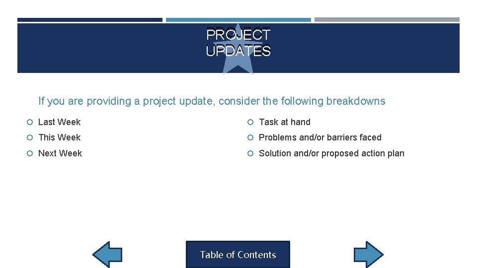 PROJECT UPDATES If you are providing a project update, consider the following breakdowns Last PROJECT UPDATES If you are providing a project update, consider the following breakdowns Last
