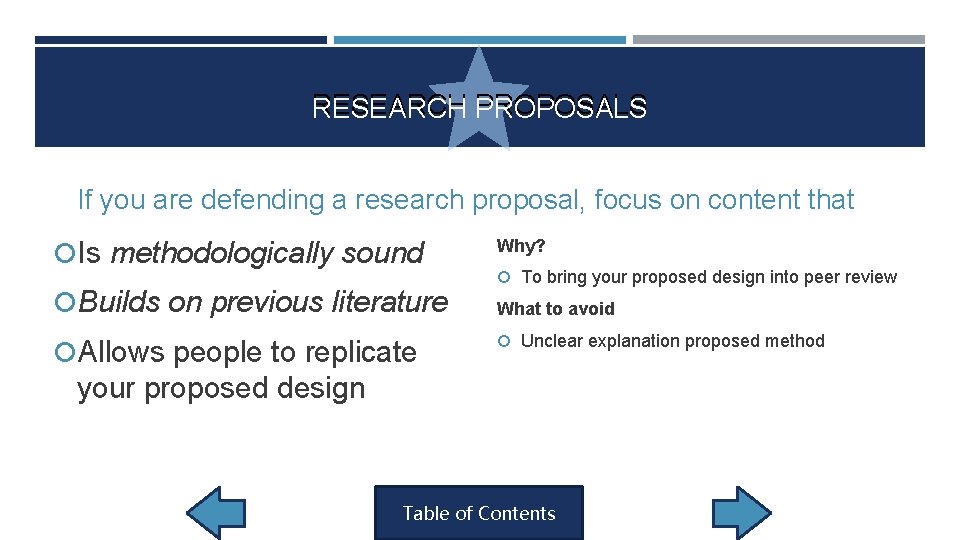 RESEARCH PROPOSALS If you are defending a research proposal, focus on content that Is RESEARCH PROPOSALS If you are defending a research proposal, focus on content that Is