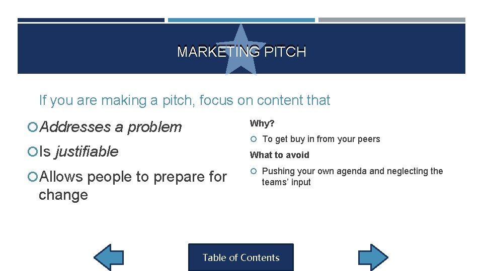 MARKETING PITCH If you are making a pitch, focus on content that Addresses a MARKETING PITCH If you are making a pitch, focus on content that Addresses a