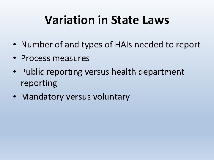 Variation in State Laws • Number of and types of HAIs needed to report