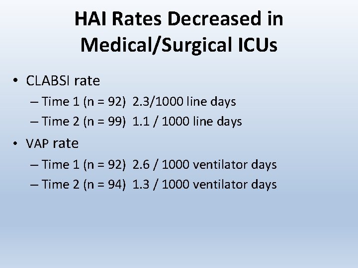 HAI Rates Decreased in Medical/Surgical ICUs • CLABSI rate – Time 1 (n =
