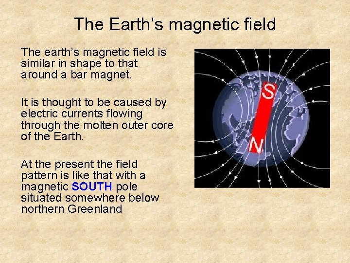 The Earth’s magnetic field The earth’s magnetic field is similar in shape to that