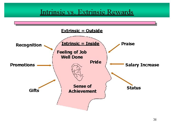 Intrinsic vs. Extrinsic Rewards Extrinsic = Outside Recognition Intrinsic = Inside Feeling of Job Intrinsic vs. Extrinsic Rewards Extrinsic = Outside Recognition Intrinsic = Inside Feeling of Job