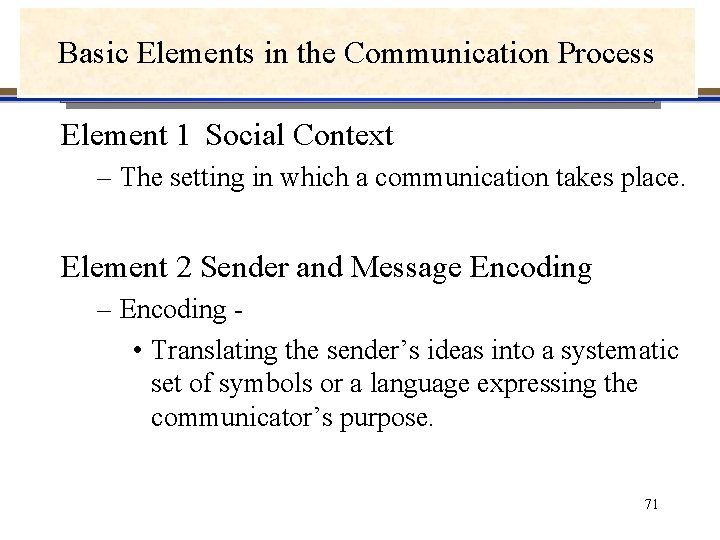 Basic. Elementsininthe the. Communication. Process Proces 4 Element 1 Social Context – The setting Basic. Elementsininthe the. Communication. Process Proces 4 Element 1 Social Context – The setting