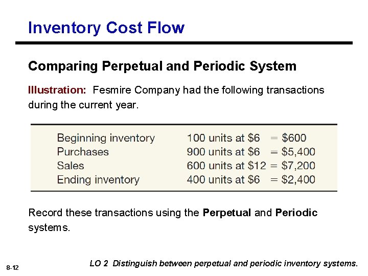 Inventory Cost Flow Comparing Perpetual and Periodic System Illustration: Fesmire Company had the following