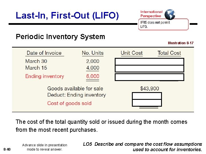 Last-In, First-Out (LIFO) Periodic Inventory System Illustration 8 -17 The cost of the total