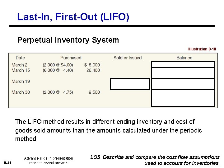 Last-In, First-Out (LIFO) Perpetual Inventory System Illustration 8 -18 The LIFO method results in