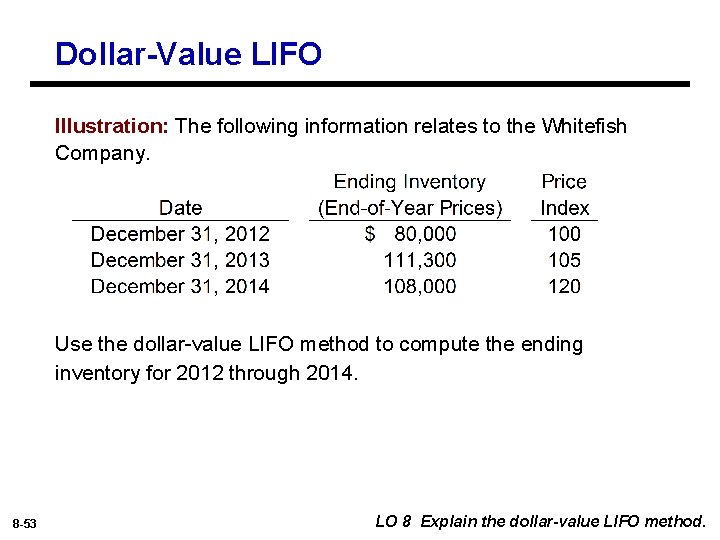 Dollar-Value LIFO Illustration: The following information relates to the Whitefish Company. Use the dollar-value