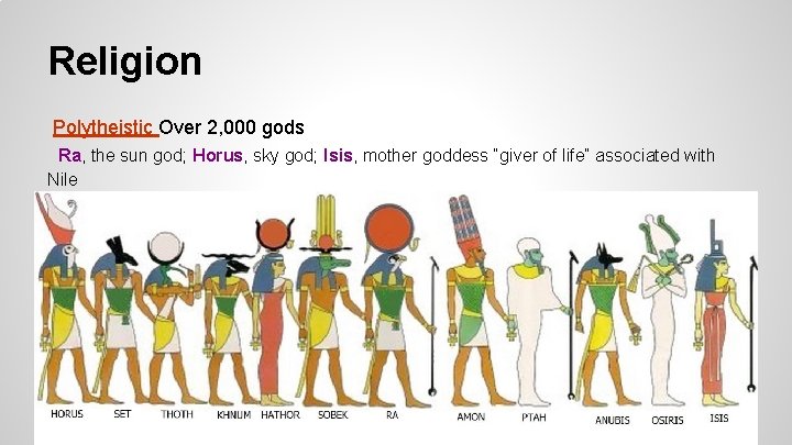 Religion Polytheistic Over 2, 000 gods Ra, the sun god; Horus, sky god; Isis,