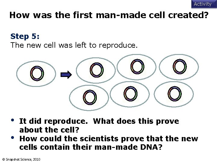 Activity How was the first man-made cell created? Step 5: The new cell was