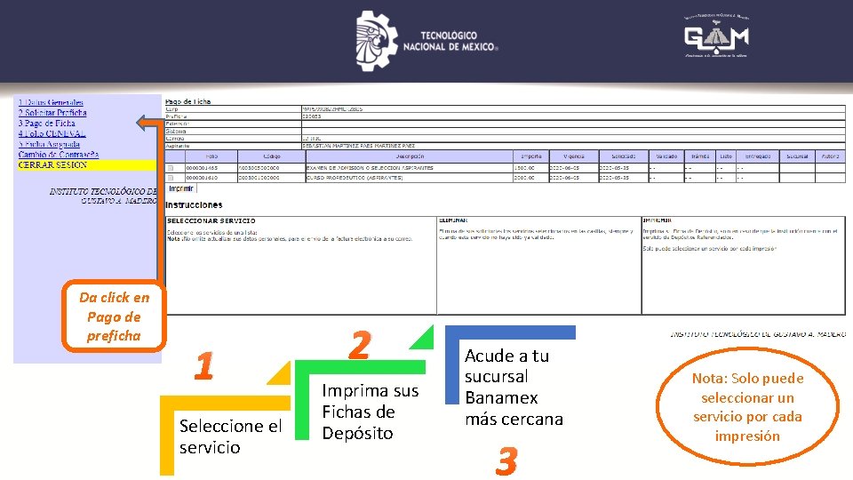 Da click en Pago de preficha 1 Seleccione el servicio 2 Imprima sus Fichas