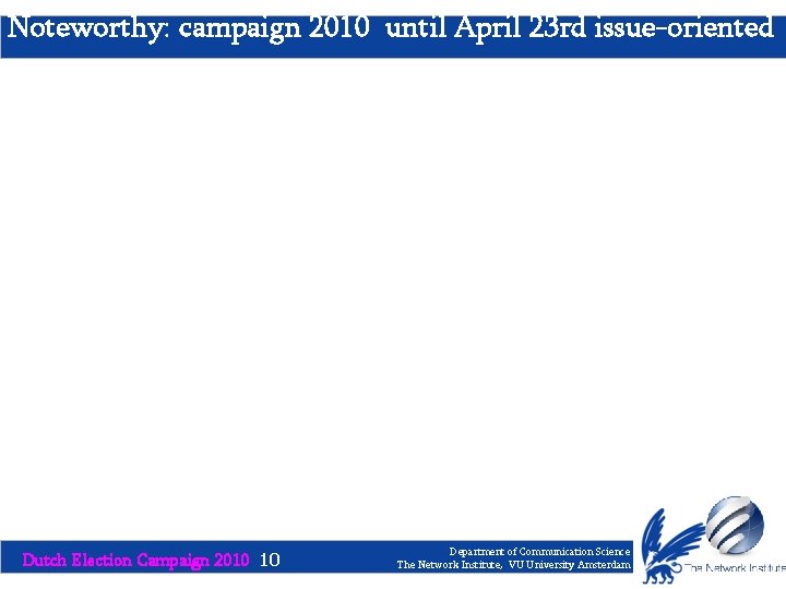 Noteworthy: campaign 2010 until April 23 rd issue-oriented Dutch Election Campaign 2010 10 Department