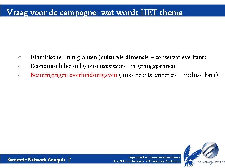 Vraag voor de campagne: wat wordt HET thema o o o Islamitische immigranten (culturele