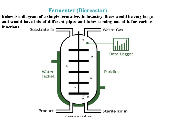 Fermenter (Bioreactor) Below is a diagram of a simple fermenter. In industry, these would