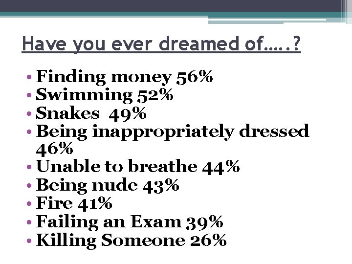 Have you ever dreamed of…. . ? • Finding money 56% • Swimming 52%