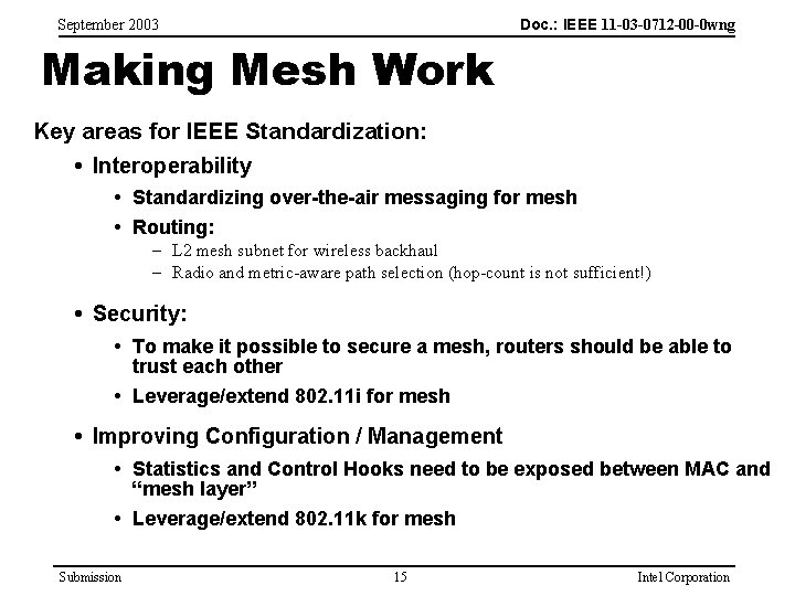 Doc. : IEEE 11 -03 -0712 -00 -0 wng September 2003 Making Mesh Work