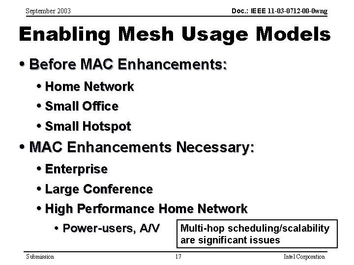 Doc. : IEEE 11 -03 -0712 -00 -0 wng September 2003 Enabling Mesh Usage